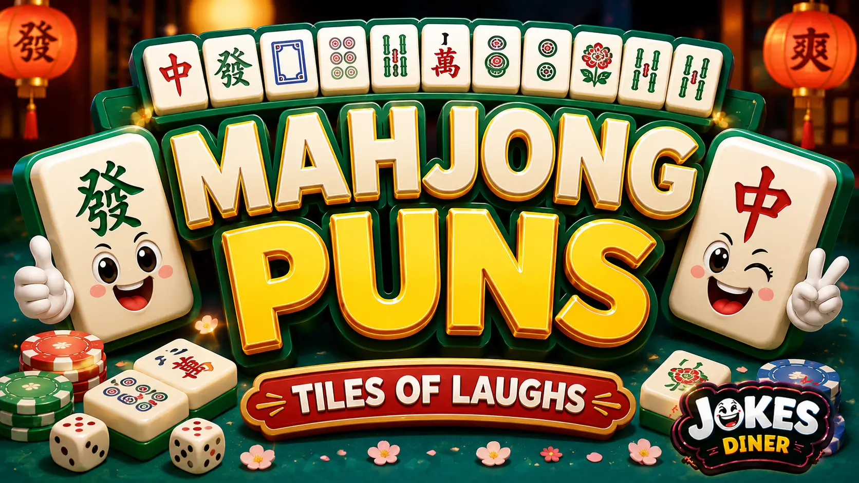 A vibrant featured image for Jokes Diner featuring large 3D text for mahjong puns and a smiling tile mascot.