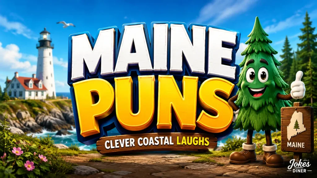 Colorful coastal Maine thumbnail featuring a pine tree mascot and bold maine puns typography.
