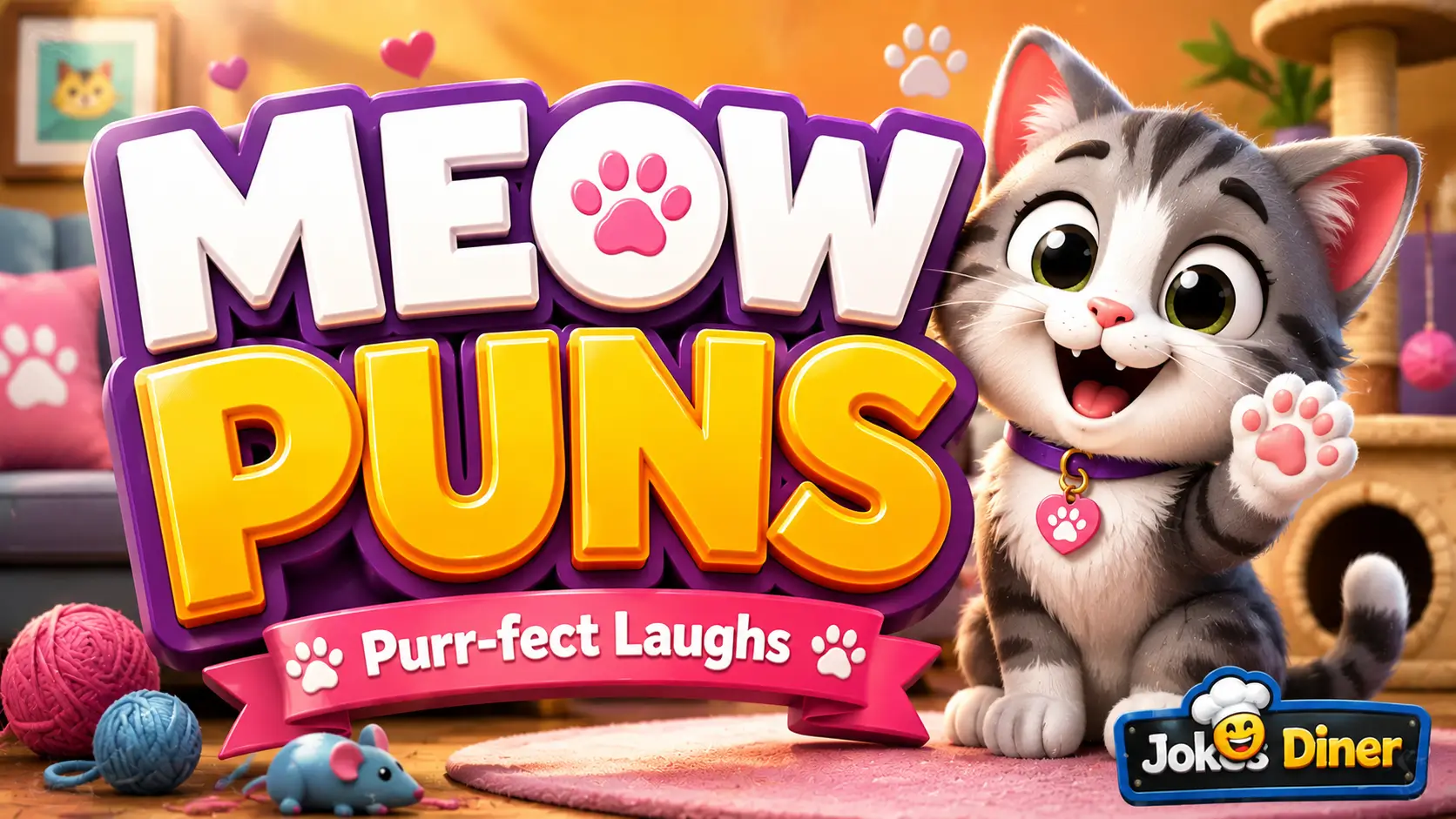 Cute cat mascot with bold meow puns typography and colorful playful background