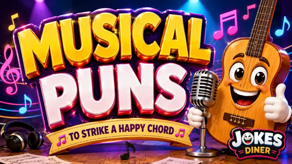 A vibrant featured image for Jokes Diner featuring large 3D text "musical puns" and a smiling music note mascot.
