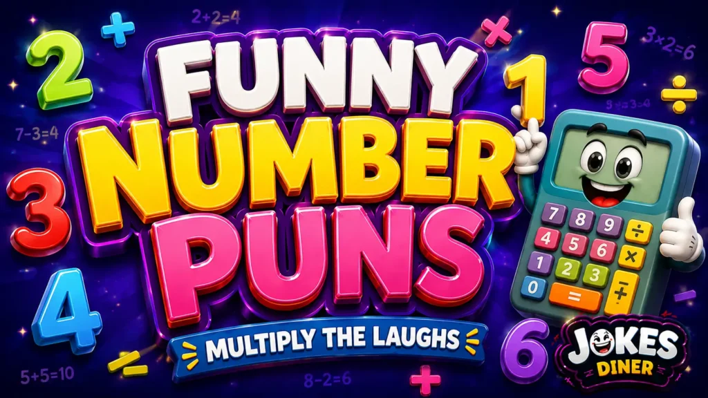 A vibrant featured image for Jokes Diner featuring large 3D text for number puns and a smiling number mascot.