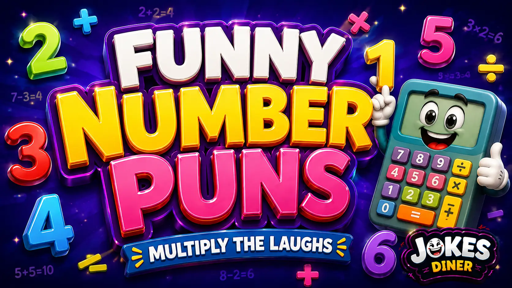A vibrant featured image for Jokes Diner featuring large 3D text for number puns and a smiling number mascot.