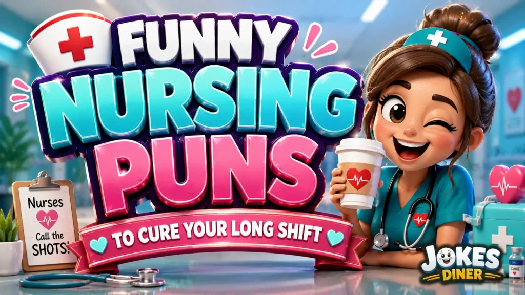 A vibrant featured image for Jokes Diner featuring large 3D text "nursing puns" and a smiling nurse cap mascot.