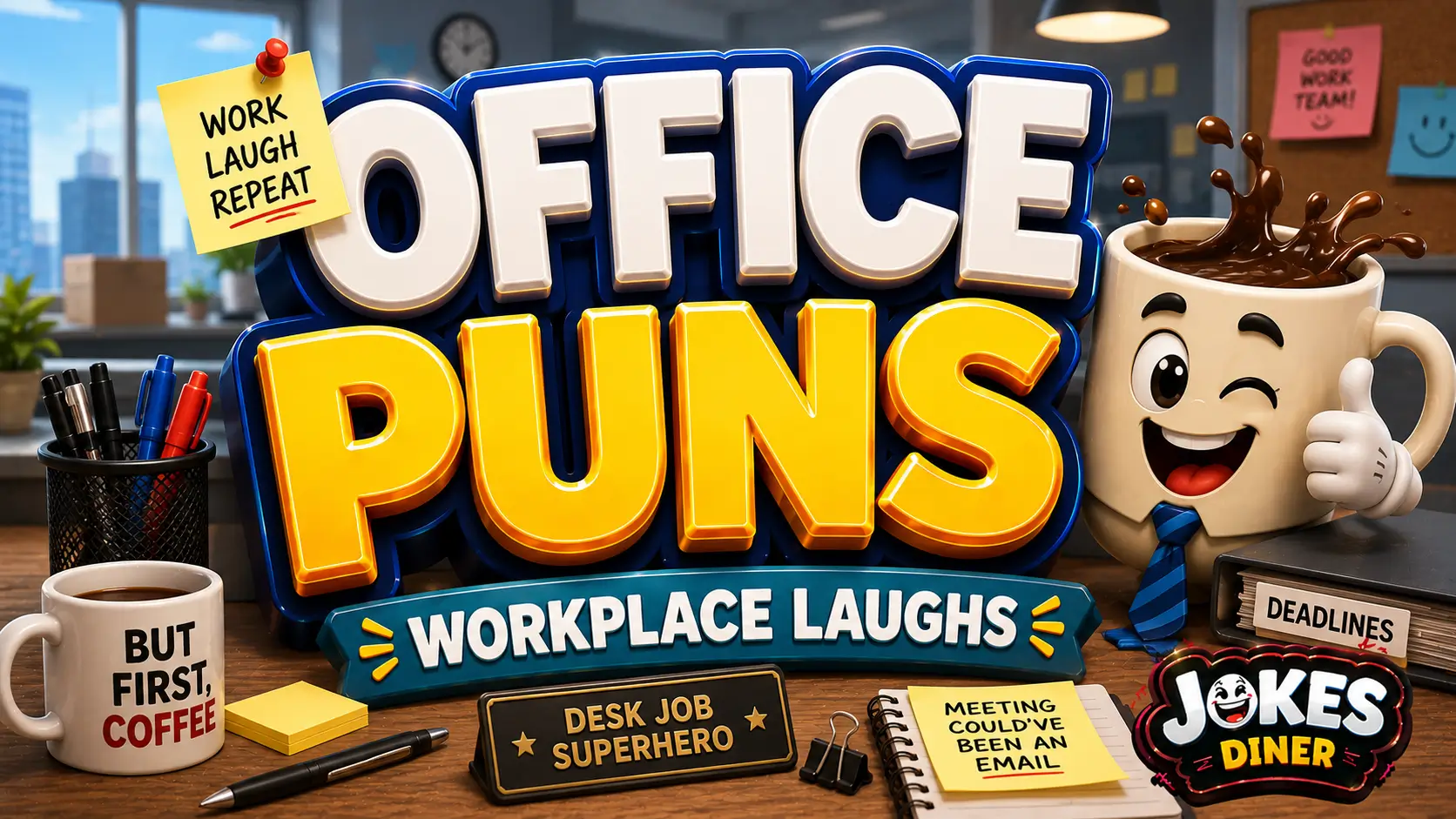A vibrant featured image for Jokes Diner featuring large 3D text "office puns" and a smiling coffee mug mascot.