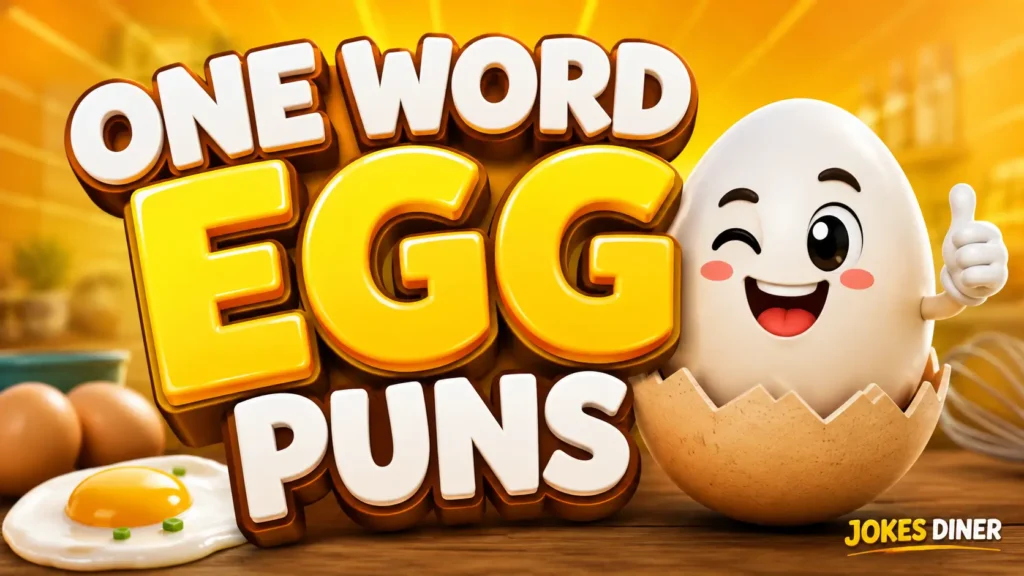 Bright egg mascot and bold One Word Egg Puns typography for a humorous kitchen-themed article.