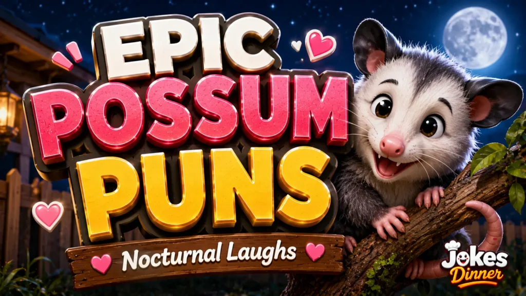 A vibrant featured image for Jokes Dinner featuring large 3D text "POSSUM PUNS" and a smiling, hanging possum mascot.