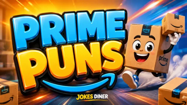 Playful delivery box mascot beside bold Prime Puns typography in a colorful shopping-themed scene.