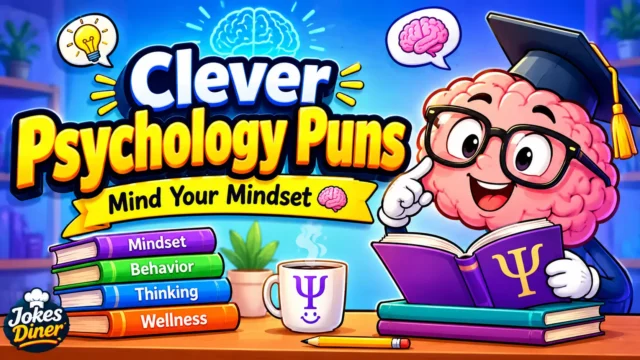 Colorful brain mascot with bold Psychology Puns typography and psychology study theme