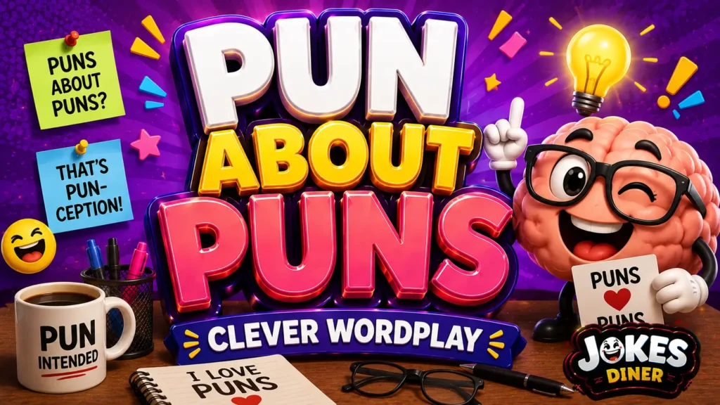 A vibrant featured image for Jokes Diner featuring large 3D text "pun about puns" and a smiling lightbulb mascot.
