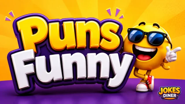 Bright cartoon thumbnail featuring Puns Funny text and a cheerful smiley mascot