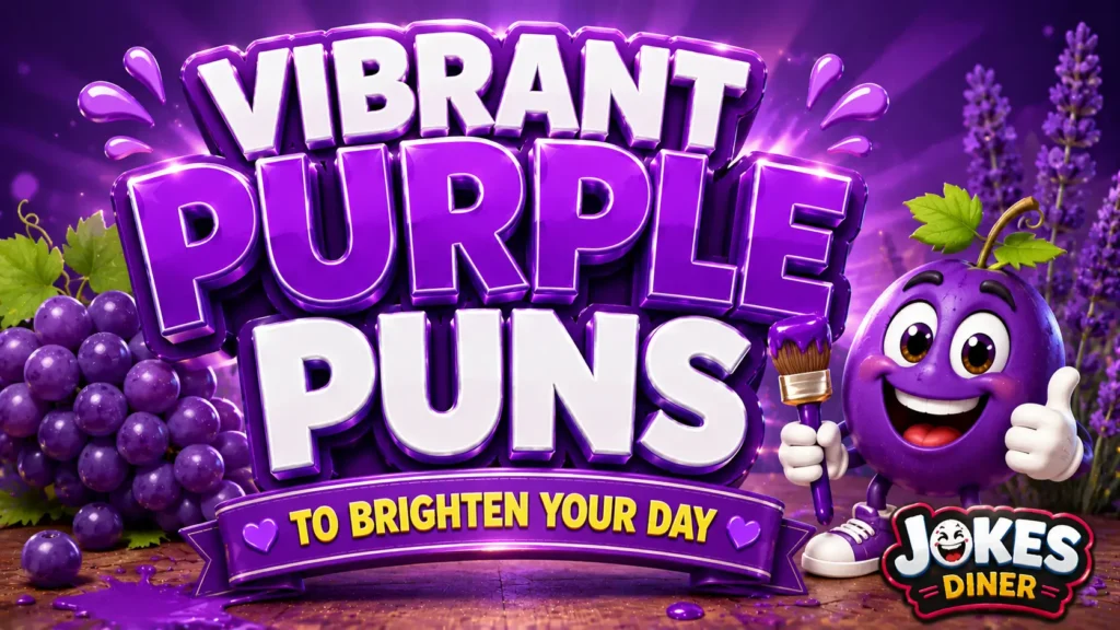 A vibrant featured image for Jokes Diner featuring large 3D text "purple puns" and a smiling grape mascot.