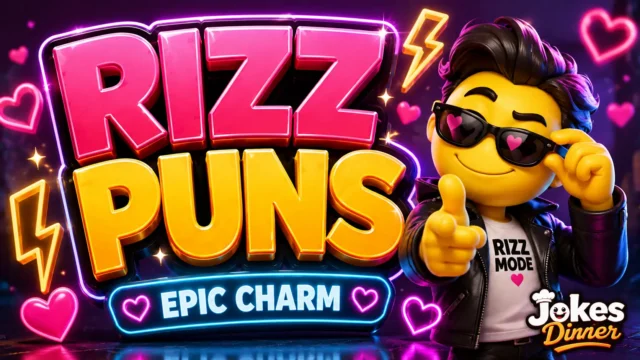 A vibrant featured image for Jokes Diner featuring large 3D text "rizz puns" and a smiling heart mascot.
