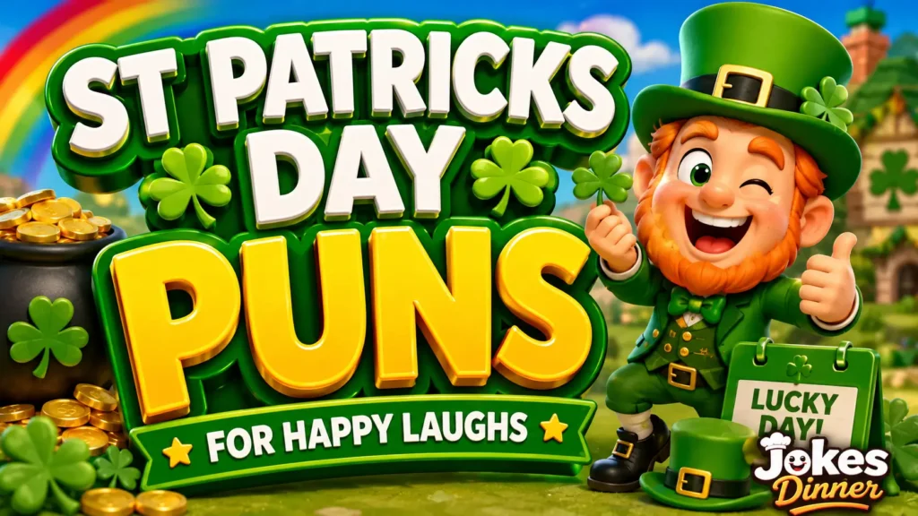 A vibrant featured image for Jokes Diner featuring large 3D text "St Patricks Day puns" and a smiling clover mascot.