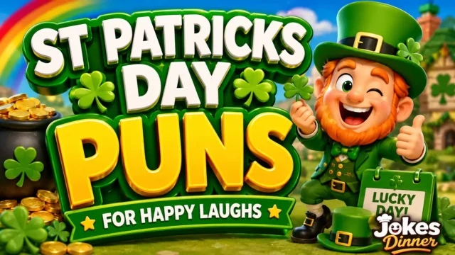 A vibrant featured image for Jokes Diner featuring large 3D text "St Patricks Day puns" and a smiling clover mascot.