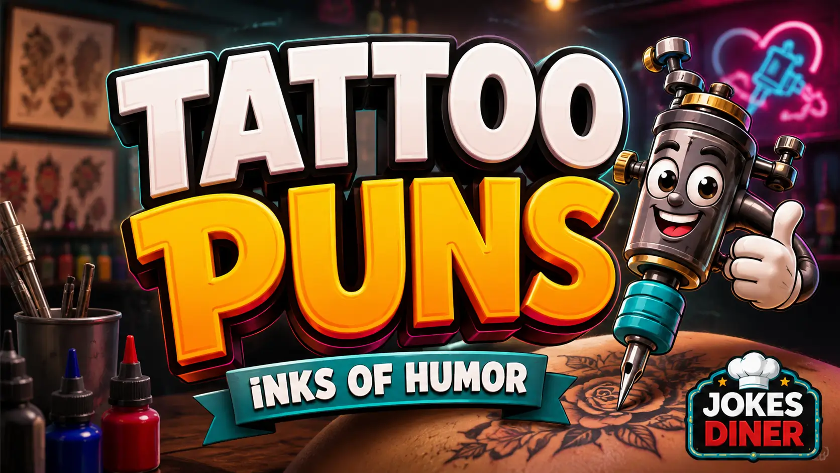 tattoo puns featured image with bold 3D tattoo lettering and colorful ink artwork