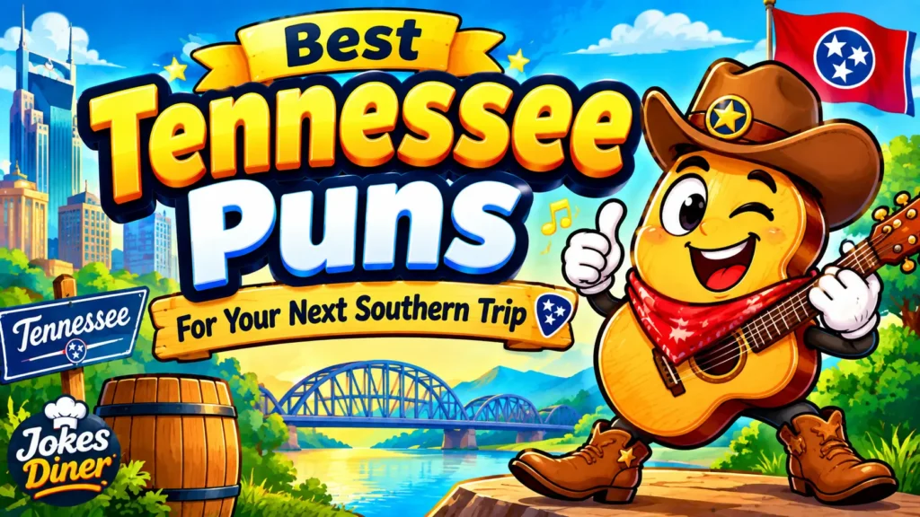 Colorful guitar mascot with bold Tennessee Puns typography and Southern travel scenery