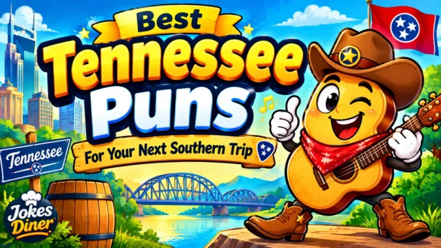 Colorful guitar mascot with bold Tennessee Puns typography and Southern travel scenery