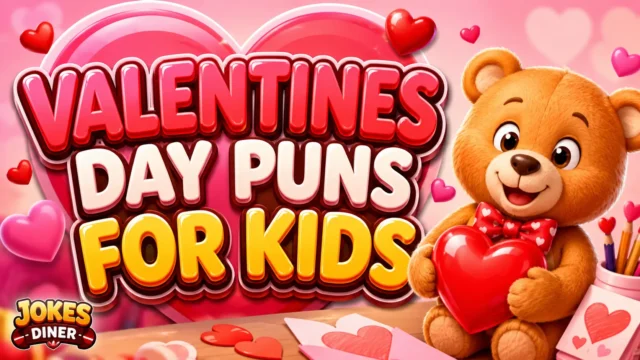 Colorful Valentine’s Day design featuring Valentines Day Puns for Kids and a cheerful teddy bear