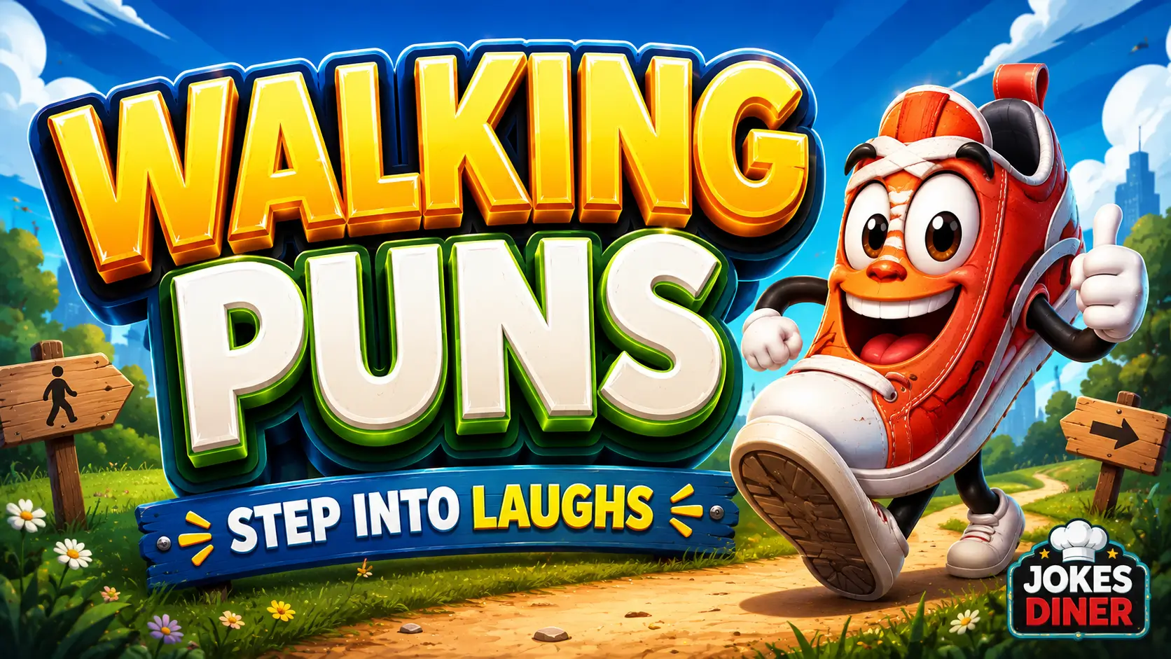 Walking puns thumbnail with bold 3D lettering and a cheerful cartoon sneaker on a sunny trail.