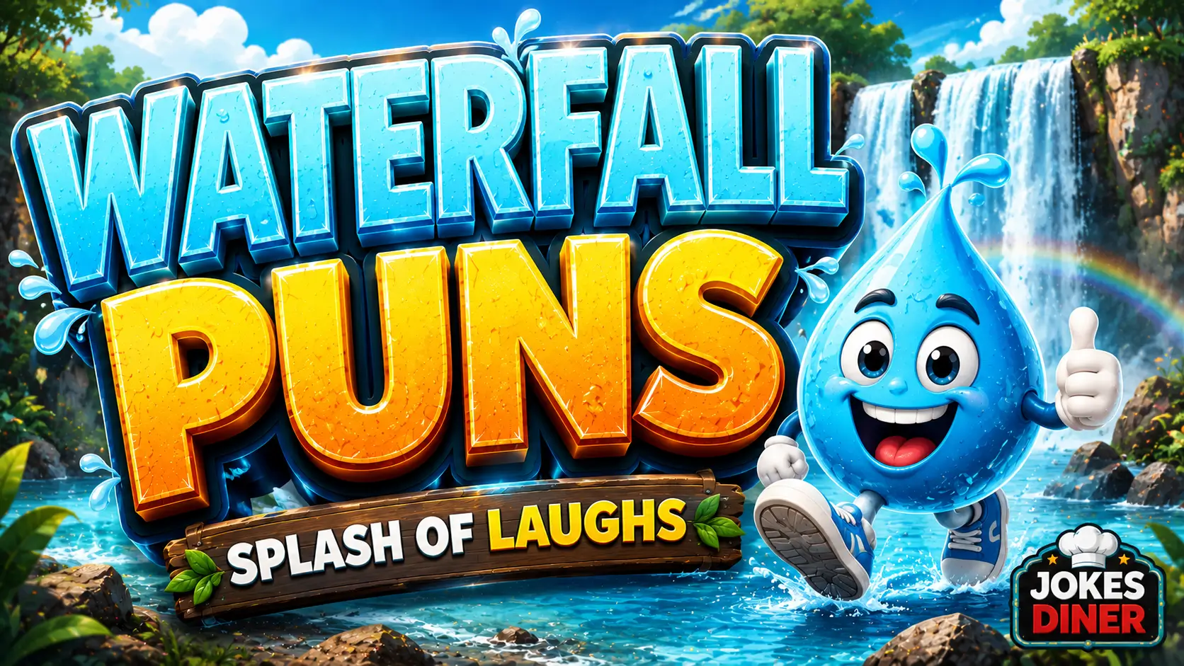 Waterfall puns thumbnail with bold 3D lettering and a cheerful water-drop mascot by a waterfall.