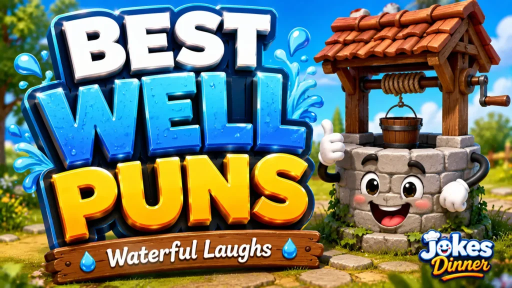 A vibrant featured image for Jokes Dinner featuring large 3D text "WELL PUNS" and a smiling water droplet mascot.