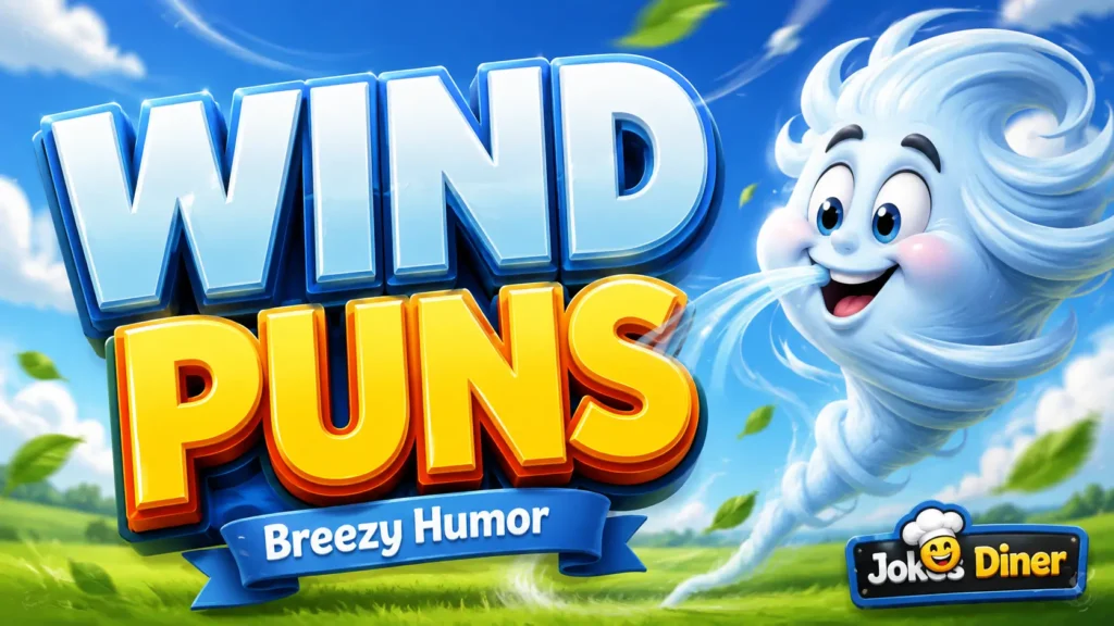 Colorful 3D wind mascot with bold wind puns typography and breezy humor design