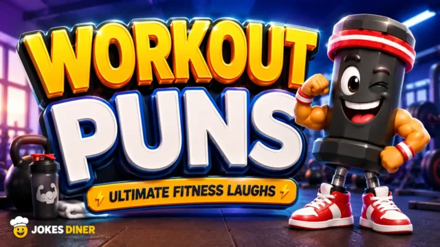Bold 3D thumbnail for workout puns with colorful fitness typography and a playful gym mascot.