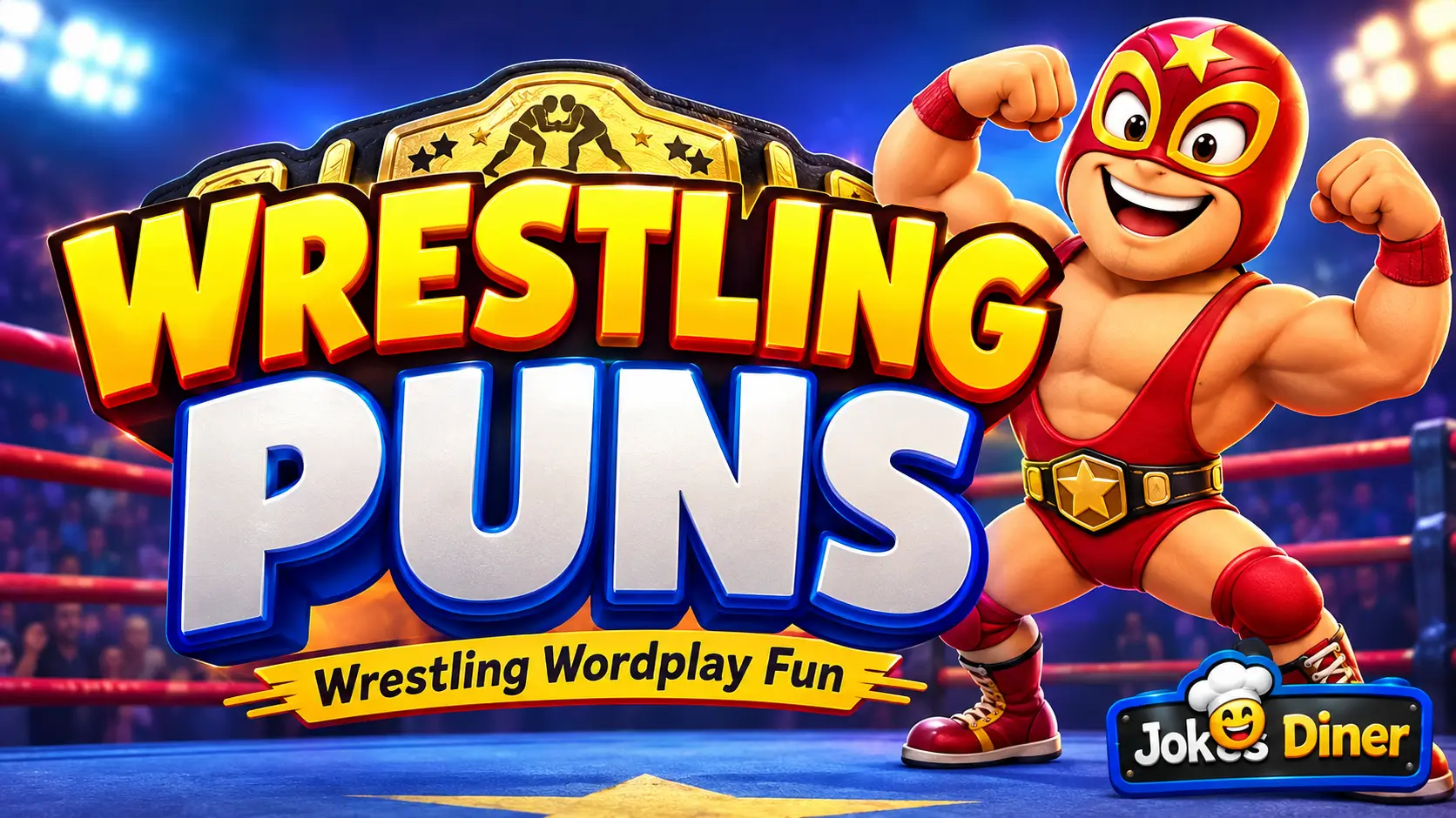 Wrestling puns thumbnail with bold 3D typography, championship belt, cartoon wrestler, and Jokes Diner watermark.