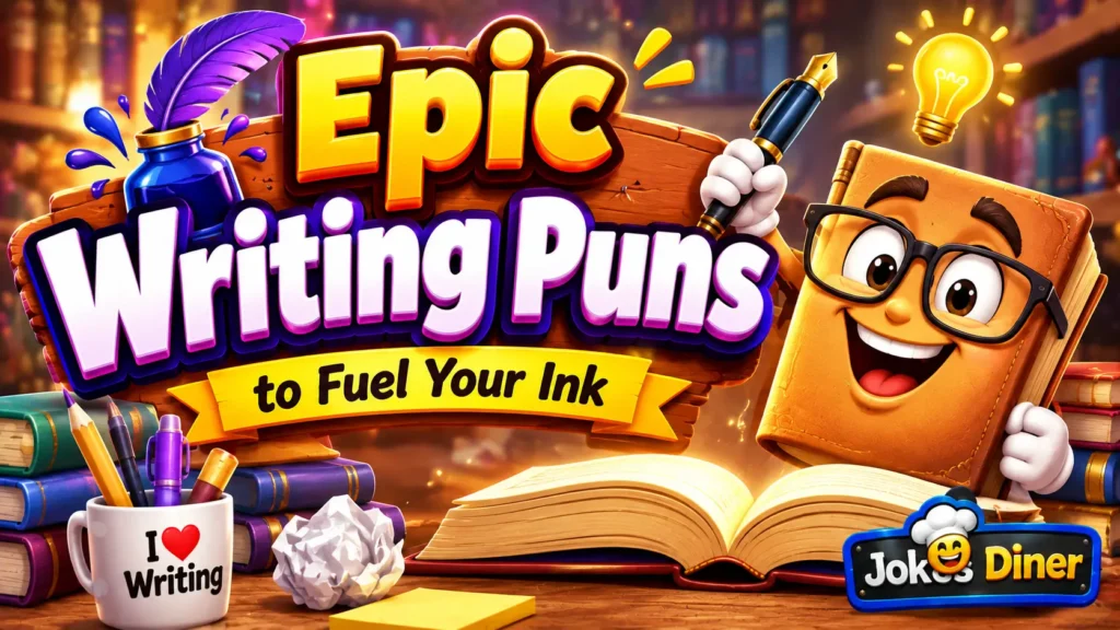 Writing Puns thumbnail with bold 3D typography, books, ink, quill, and Jokes Diner watermark.