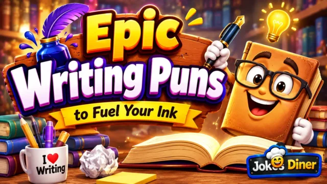 Writing Puns thumbnail with bold 3D typography, books, ink, quill, and Jokes Diner watermark.