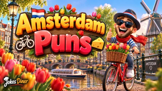 Amsterdam Puns featured image with a cyclist, tulips, canal, and colorful Dutch scenery