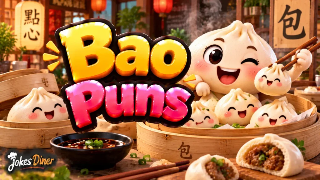 Bao Puns featured image with cheerful bao buns, bamboo steamers, chopsticks, and dim sum details