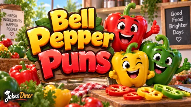 Bell Pepper Puns featured image with colorful peppers in a bright kitchen setting