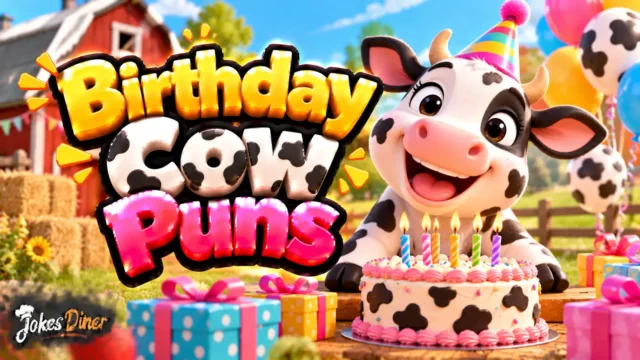 Birthday Cow Puns featured image with a cheerful cow, birthday cake, gifts, and colorful balloons