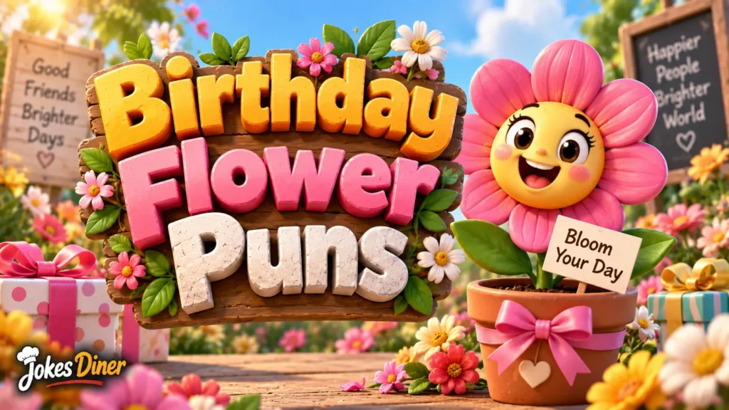 Birthday Flower Puns featured image with a cheerful flower mascot and colorful birthday gifts