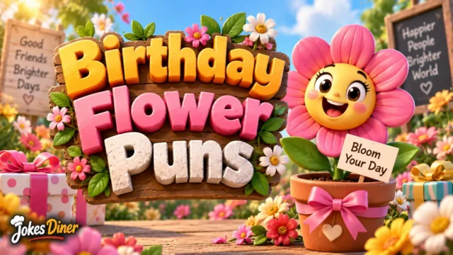 Birthday Flower Puns featured image with a cheerful flower mascot and colorful birthday gifts