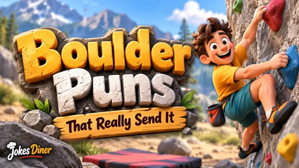 Boulder Puns featured image with a cartoon climber scaling a colorful rock wall