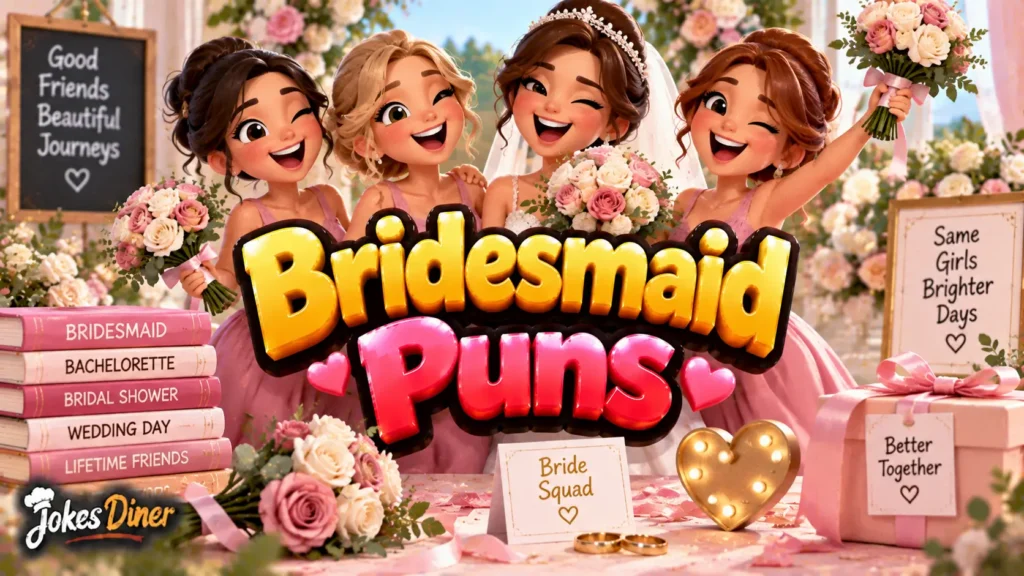 Bridesmaid Puns featured image with a joyful bridal party, bouquets, and wedding decorations