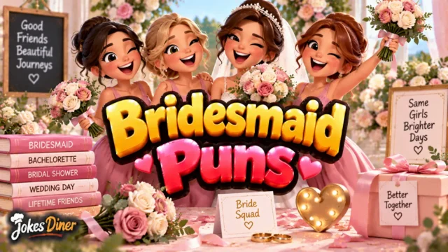 Bridesmaid Puns featured image with a joyful bridal party, bouquets, and wedding decorations