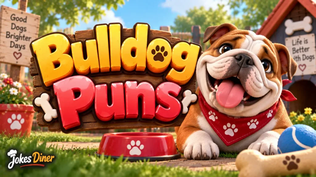 Bulldog Puns featured image with a cheerful wrinkled bulldog in a sunny garden