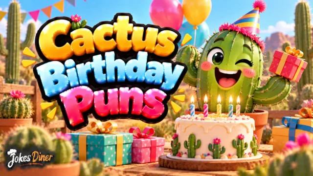 Cactus Birthday Puns featured image with a cheerful cactus, birthday cake, gifts, and balloons