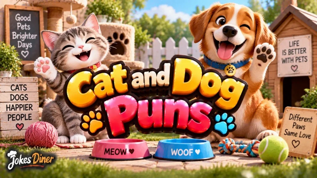 Cat and Dog Puns featured image with a cheerful cat and dog in a sunny pet-friendly backyard