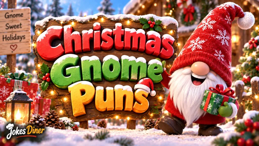 Christmas Gnome Puns featured image with a cheerful holiday gnome and snowy Christmas setting