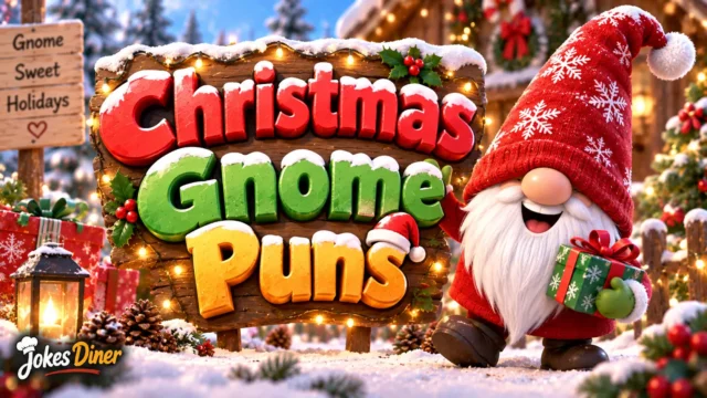 Christmas Gnome Puns featured image with a cheerful holiday gnome and snowy Christmas setting