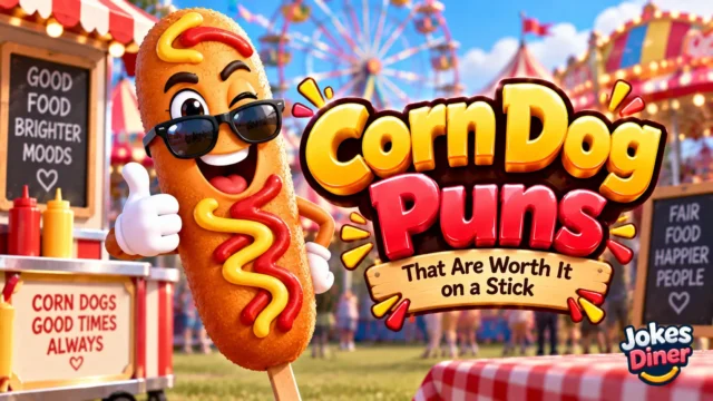 Corn Dog Puns featured image with a cheerful corn dog mascot and bold glossy 3D lettering