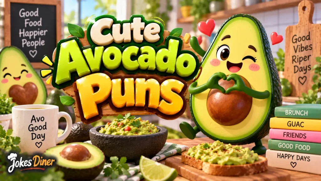 Cute Avocado Puns featured image with cheerful avocado mascots, guacamole, and avocado toast