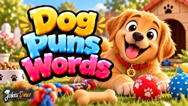 Dog Puns Words featured image with a cheerful golden retriever puppy and colorful dog toys