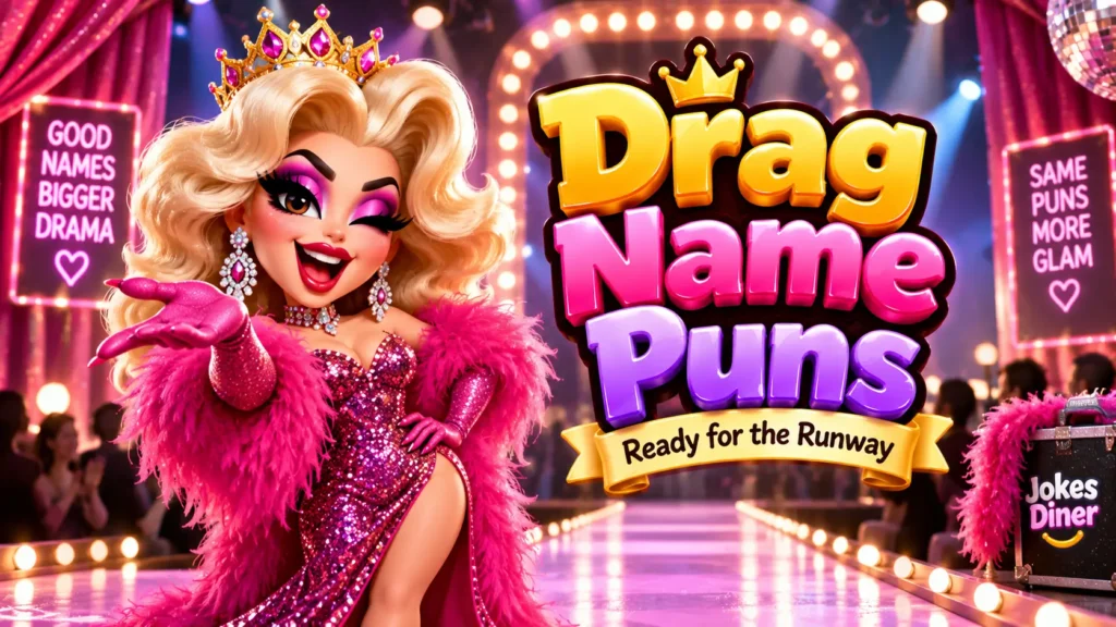 Drag Name Puns featured image with a glamorous drag queen and bold glossy 3D lettering