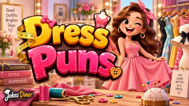 Dress Puns featured image with a stylish fashion scene, sewing details, and colorful dresses