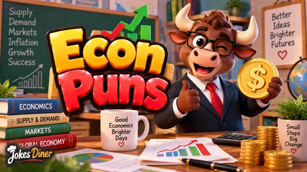Econ Puns featured image with a cheerful bull mascot, coins, charts, and economics classroom props
